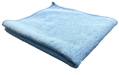 A 16 inch by 16 inch blue microfiber towel.